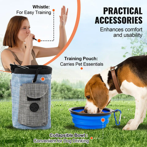 Dog Agility Training Kit 5-Piece Set with whistle, training pouch, collapsible bowl, and dog drinking from the bowl outdoors