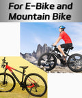 Two mountain bikes: a red-and-black frame on a yellow backdrop and a black e-bike on a rocky trail