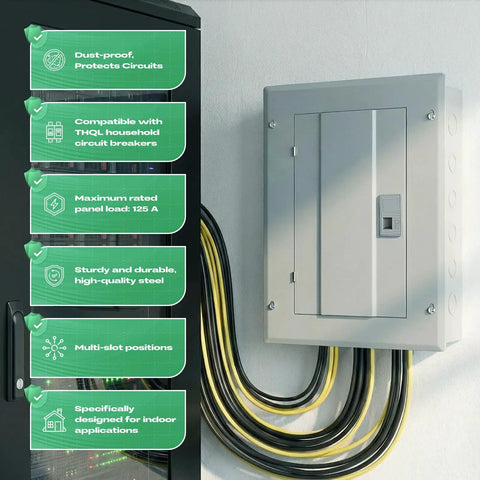 Pro Style 12 Space Circuit Breaker Panel 125 Amp Indoor Load Center With Main Lug Steel Enclosure Garage Power Hub For Homes And Workshops showing dust-proof design and multi-slot panel.