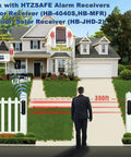 Illustration of a solar wireless outdoor driveway alarm sensor with 3 beam photoelectric detection installed in a driveway