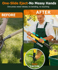 Stand Up Weed Puller With Slide Release Ejection for Clean No Touch Weeding showing before and after use in lawn.