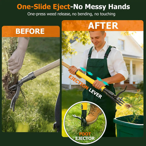 Stand Up Weed Puller With Slide Release Ejection for Clean No Touch Weeding showing before and after use in lawn.