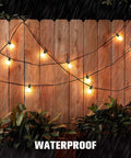 60Ft Solar String Lights Outdoor Waterproof With Remote Dimming Shatterproof ST38 20 LED Bulbs on wooden fence in the rain