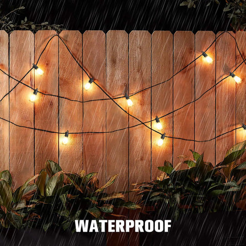 100Ft Solar String Lights Outdoor Waterproof With Remote Dimmer Lit Backyard Vibes 32 Vintage Edison Bulbs on fence