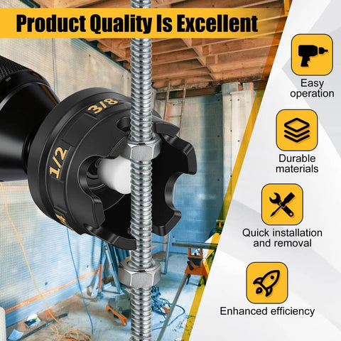 Two Pack Nut Zipper Drill Attachment For Quick Nut Removal in use on threaded rods, showcases sizes 1/4, 3/8, and 1/2 inch in construction site.