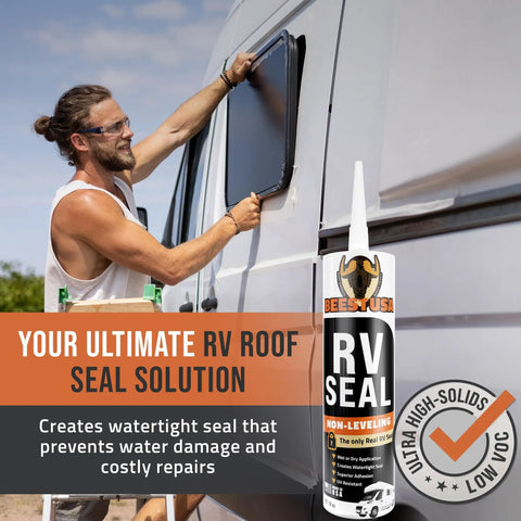 Heavy Duty Non Leveling RV Roof Lap Sealant Waterproof Caulk that stays put, applied on RV window for leak prevention.