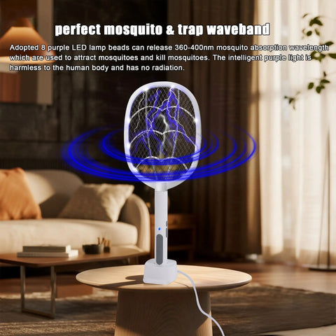 3 Pack Electric Fly Swatter Rackets For Home And Outdoor Use, showing LED bug zapper with mesh guard and purple light.