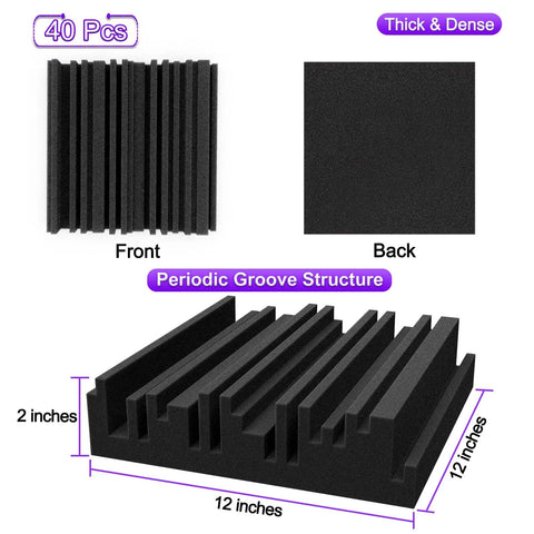 Straight Fire Professional Badass Acoustic Foam Panels Pack Of Forty Heavy Duty Broadband Sound Absorbing Treatments High Density Polyurethane Wall Ceiling Upgrade 12x12 inch black tiles with groove structure.