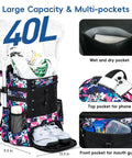 Youth Lacrosse Backpack With Secure Helmet Slot And Separate Shoe Compartment, Waterproof Team Gear Bag For Boys And Girls, Ventilated Mesh Back, Game Day Ready Solid Haul with 40L capacity and various pockets.
