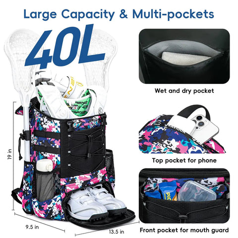 Youth Lacrosse Backpack With Secure Helmet Slot And Separate Shoe Compartment, Waterproof Team Gear Bag For Boys And Girls, Ventilated Mesh Back, Game Day Ready Solid Haul with 40L capacity and various pockets.