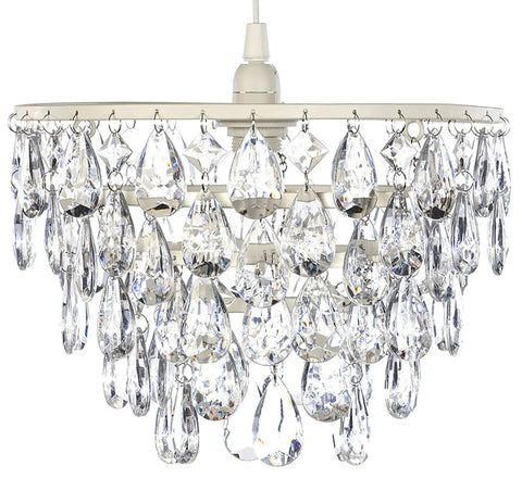 Plug In Crystal White Dome Chandelier with Five Tiers of Clear Acrylic Crystals, White Metal Frame, 10 by 11.5 Inch Size