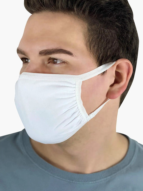Person wearing Reusable Cotton Face Mask Pack Of 50 White Unisex One Size Fits Most 3 Ply With Silver Threads Washable
