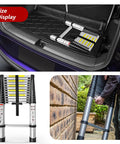 Collapsible design of Telescoping Aluminum Ladder 12 Rungs, Heavy Duty Extension Ladder With 330 lb Load Capacity shown in use and storage