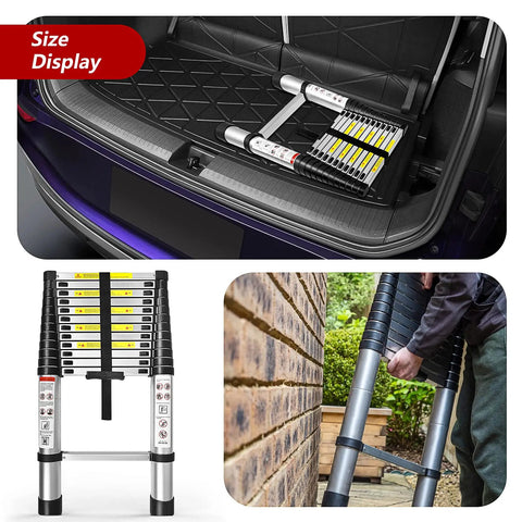 Collapsible design of Telescoping Aluminum Ladder 12 Rungs, Heavy Duty Extension Ladder With 330 lb Load Capacity shown in use and storage