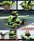 2 In 1 Remote Control Race Car And Robot Building Kit With 429 Pieces, showing dimensions, emulation wheel, and rotatable head.