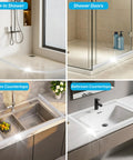 Self Adhesive Silicone Shower Threshold Water Dam Collapsible Flood Barrier For Curbless Walk In Bathrooms Straight Up Keeps Floors Bone Dry And Kills Splash Back Clean Quick shown in walk-in shower and around kitchen and bathroom countertops.
