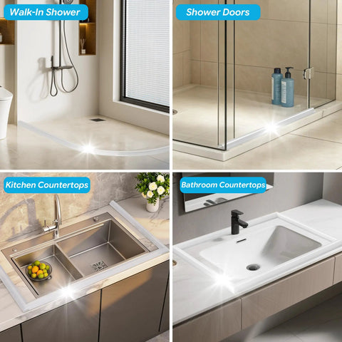 Self Adhesive Silicone Shower Threshold Water Dam Collapsible Flood Barrier For Curbless Walk In Bathrooms Straight Up Keeps Floors Bone Dry And Kills Splash Back Clean Quick shown in walk-in shower and around kitchen and bathroom countertops.