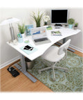 TLP1208TEL Home Theater Surge Protector Power Strip With 12 Outlets, Flat Plug, placed under a modern office desk setup.