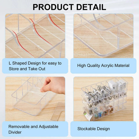 2 Pack Cable Organizer Box With 20 Wire Ties Clear Desk Drawer Storage for Chargers and Cables, acrylic and adjustable dividers.