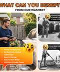 Man using Cordless Pressure Washer 900 PSI Portable Power Washer with 6 in 1 Nozzle Kit for cars, bikes, boats, driveways cleaning.