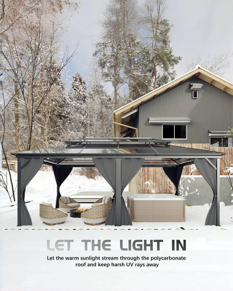 All Weather 12x16 Ft Hardtop Gazebo With Aluminum Frame And Double Polycarbonate Roof, outdoor setup in a snowy garden