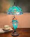 Sea Green Tiffany Style Table Lamp With Nightlight, 3 Lights Stained Glass Desk Lamp on wooden table with teacup beside it