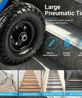 Close-up of large pneumatic tire on Heavy Duty Electric Stair Climbing Dolly, 1300W Powered Hand Truck With 900 Lb Capacity.