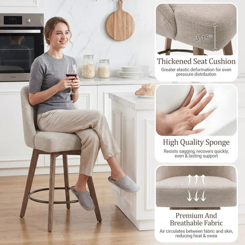 Woman sitting on a Set of 3 Counter Height Bar Stools with Backs, Modern Mid Century Swivel Chairs with thick seat cushion in kitchen.