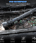 Ultra Bright LED Flashlight With 99,000 Lumens, Beast Mode Brightness, lying in rainy outdoor setting, showing waterproof capability.