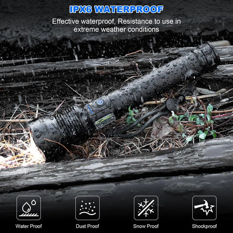Ultra Bright LED Flashlight With 99,000 Lumens, Beast Mode Brightness, lying in rainy outdoor setting, showing waterproof capability.