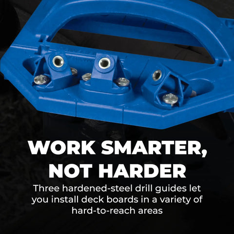 Close-up of deck jig with three hardened steel drill guides, text 'Work Smarter, Not Harder' for precise concealed screw installation.