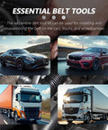 Essential belt tools for installing and removing serpentine belts on various cars and trucks, showing different vehicle types