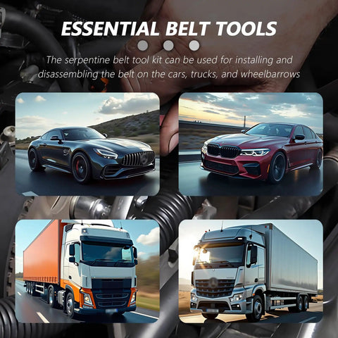 Essential belt tools for installing and removing serpentine belts on various cars and trucks, showing different vehicle types