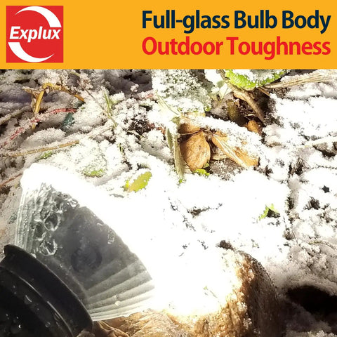 Ultra Bright PAR38 LED Flood Light Bulbs Delivering 3200 Lumens, Dimmable Outdoor Spotlight in snow, full-glass body, waterproof.
