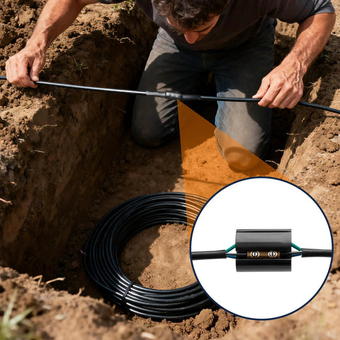 Underground Wire Splice Kit For Direct Burial Heavy Duty Cable Connector Set With Heat Shrink Tubing Fits 14 3 To 8 3 Range Waterproof Seal Pro Grade Vibe For Quick Durable Electrical Repairs installed in trench with copper connectors.