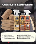 Dime Quality Nine Piece Leather Cleaner And Conditioner Kit For Car Interiors With Soft Microfiber Towel and cleaning tools.