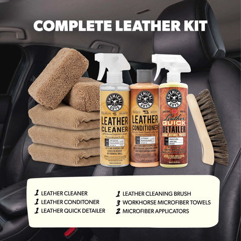 Dime Quality Nine Piece Leather Cleaner And Conditioner Kit For Car Interiors With Soft Microfiber Towel and cleaning tools.