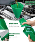 Three Piece Silicone Oil Drain Funnel Set For Spill Free Oil Changes in use, showcasing foldable green funnel on engine