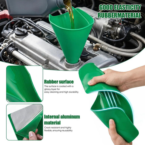 Three Piece Silicone Oil Drain Funnel Set For Spill Free Oil Changes in use, showcasing foldable green funnel on engine