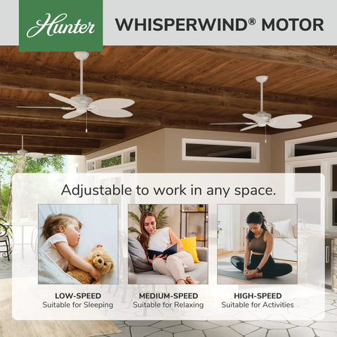 54 Inch Indoor Outdoor Ceiling Fan No Light White With 3 Inch Downrod Included All Weather Damp Rated Five Blade Pull Chain Standard Mount Ideal For Patio Porch Garage And Living Room shown on porch with wood ceiling.