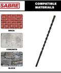 Sabre Tools masonry drill bit 3/16 x 5-1/2 in, carbide tipped, 10-pack, shown with brick, concrete, and block samples