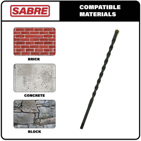 Sabre Tools masonry drill bit 3/16 x 5-1/2 in, carbide tipped, 10-pack, shown with brick, concrete, and block samples