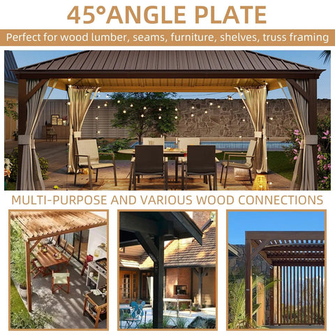 Gazebo and pergola setups with Inside Mount 45 Degree Angle Bracket Heavy Duty Carbon Steel Tie Plate Connector For Wood Post And Beam Desk Edge Box Pergola Gazebo DIY Kit 6x5x3 Inch 4 Pack used for wood joints.