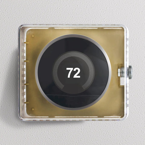 Lockable Thermostat Cover Box With Key For Wall Mount HVAC Control Panel installed protecting a thermostat