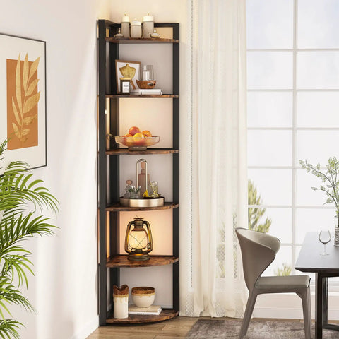 Straight Up Dope Six Tier Corner Shelf And Bookshelf Combining Rustic Wood Grain With Reinforced Steel Frame Ultimate Corner Storage Rack for decor and plants in corner