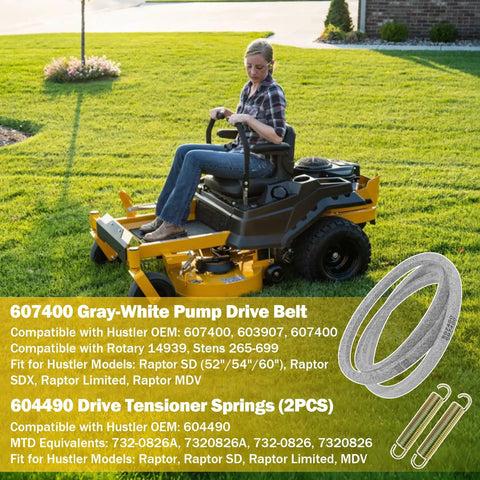 Pump Drive Belt Gray White 50.75 Inch With Two 604490 Tensioner Springs Replacement Kit For Raptor SD SDX Limited MDV Zero Turn Mowers Replaces 603907 607400 A 14939 265-6, belt and springs shown