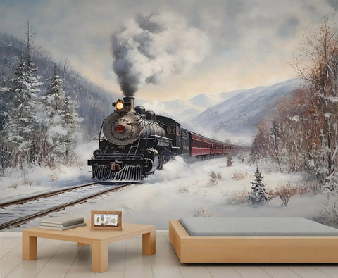 Massive Steam Train Wall Mural For Bedroom And Living Room Winter Snow Scene Locomotive Photo 196 Inch Wide 118 Inch High Retro Train Wallpaper For Boys Room Not Peel And Stick, featuring a black steam train in a snowy mountain landscape with trees and a clear sky.