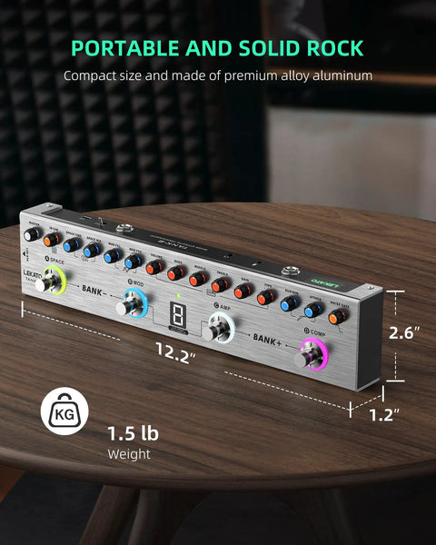 Bass Effects Pedal With 36 Presets And Editable 4 Modules Including Amp Compressor Mod Space Reverb IR Cab And Tuner on a table