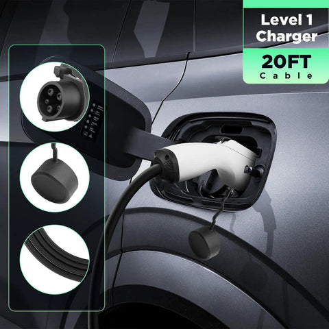 Level 1 EV Charger With 15A 110V NEMA 5 15 Plug Portable 20 Foot Cable Home Charging Station For All J1772 Electric Cars FCC CE Certified Weatherproof IP65 Auto Shutoff connected to car