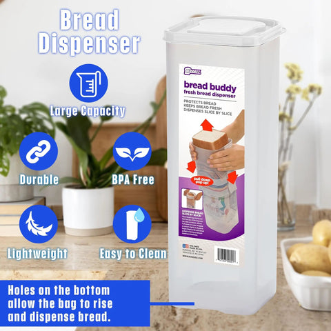 Bread Box Storage Keeps Fresh Loaf In Original Bag One And A Half Pound Sandwich Size Kitchen Organizer with white lid on counter.